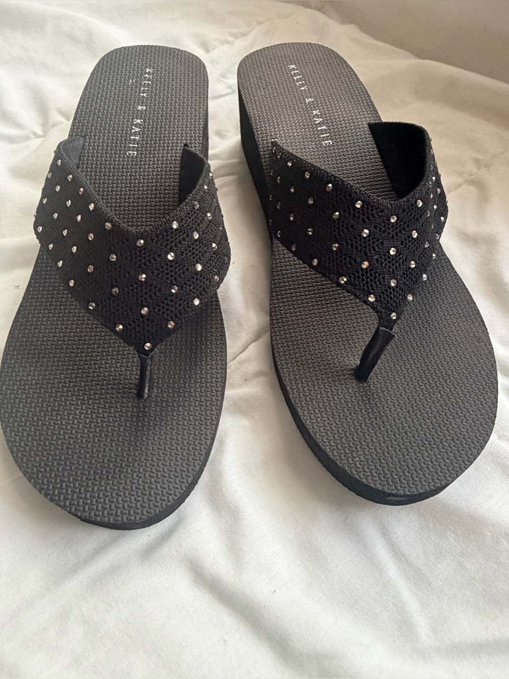 Kelly & Katie Black Rhinestone Wedge Sandals